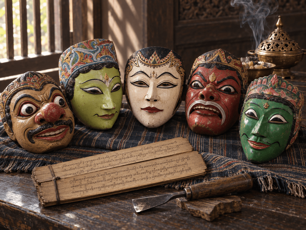 Lima karakter topeng kayu Wayang Topeng Malangan dari siklus Cerita Panji warisan budaya takbenda UNESCO.