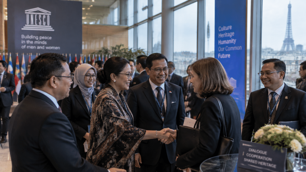 Perwakilan delegasi Indonesia dan mitra kawasan Asia-Pasifik saling memberi selamat usai pengumuman hasil perolehan suara UNESCO.