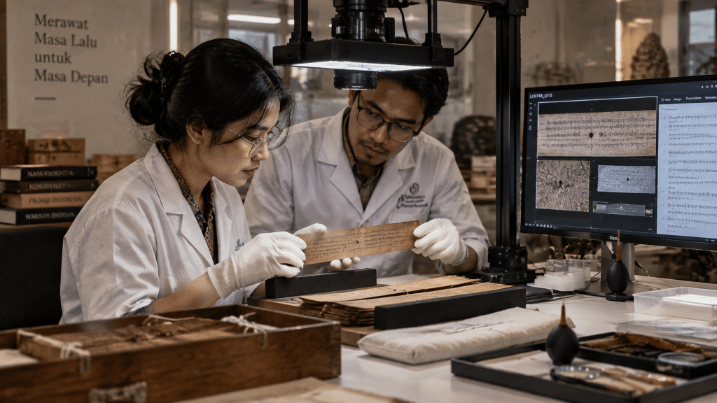 Peneliti mendokumentasikan manuskrip kuno menggunakan pemindai arsip digital berteknologi tinggi di laboratorium budaya.