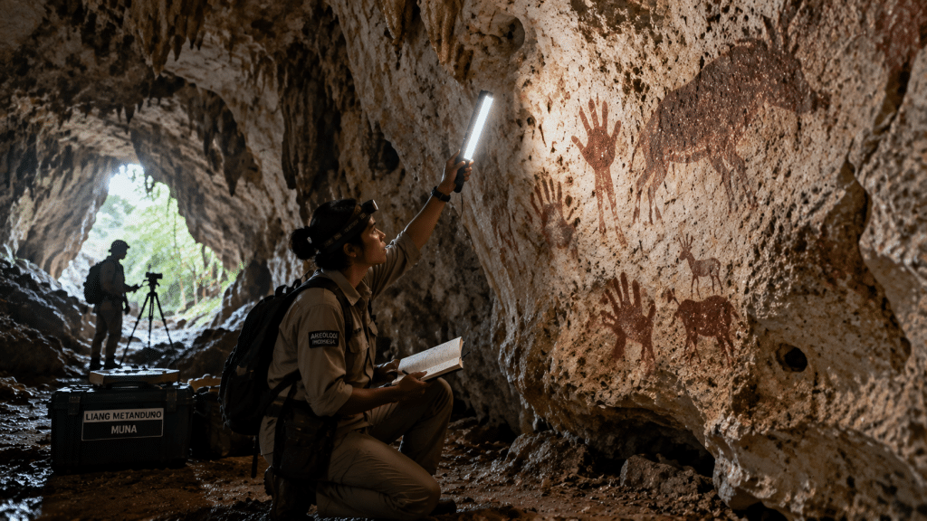 Tim peneliti arkeologi mendokumentasikan lukisan dinding cadas prasejarah di gua karst Indonesia.