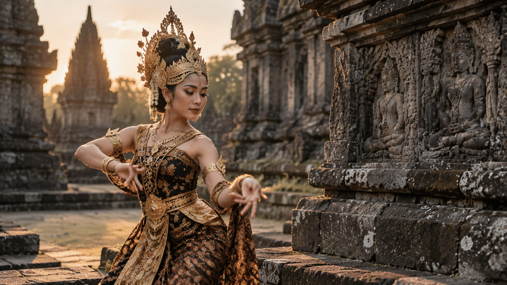 Penari tradisional memperagakan gerak tari sakral di pelataran candi batu kuno sebagai perbandingan warisan takbenda dan warisan fisik.