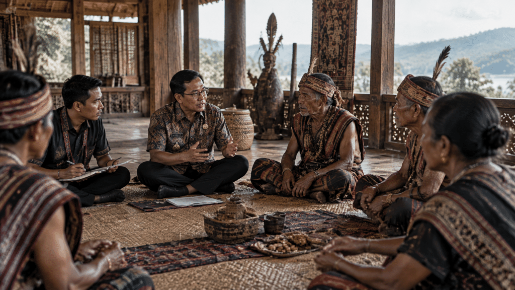 Diskusi koordinasi kebijakan pelestarian warisan budaya antara perwakilan pemerintah dan tetua adat di balai musyawarah.