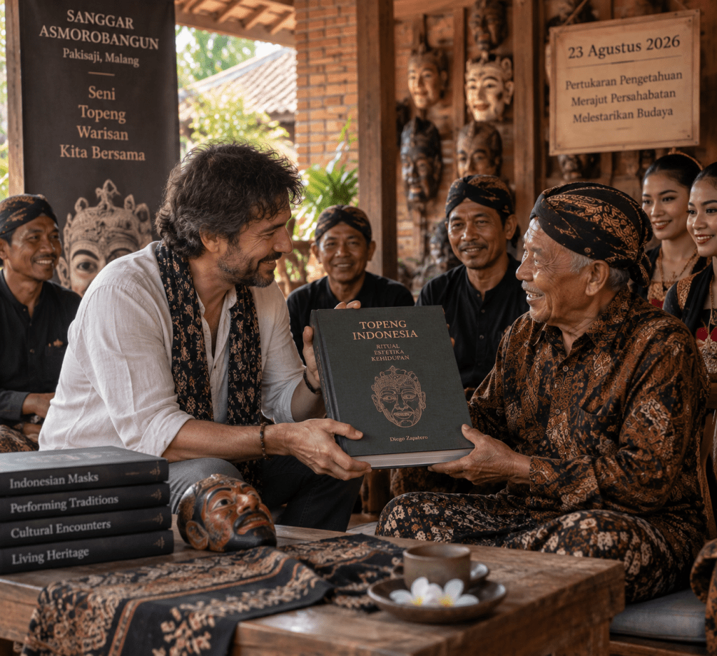 Momen serah-terima buku dokumentasi foto budaya oleh Diego Zapatero kepada tetua Sanggar Asmorobangun Malang.