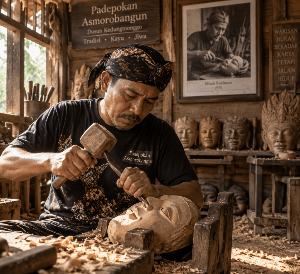 Handoyo generasi keempat Padepokan Asmorobangun memahat topeng kayu meneruskan tradisi Mbah Karimun.