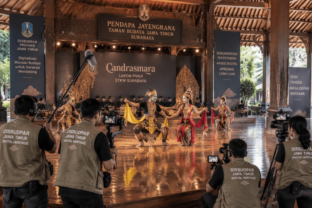 Peserta workshop Disbudpar Jatim merekam pementasan tari lakon Candrasmara di Pendapa Jayengrana Surabaya.