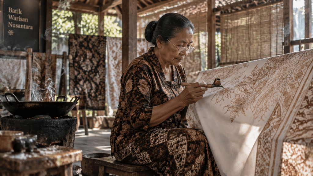 Maestro perajin canting melukis kain malam sebagai representasi warisan budaya takbenda Indonesia yang dilindungi UNESCO.