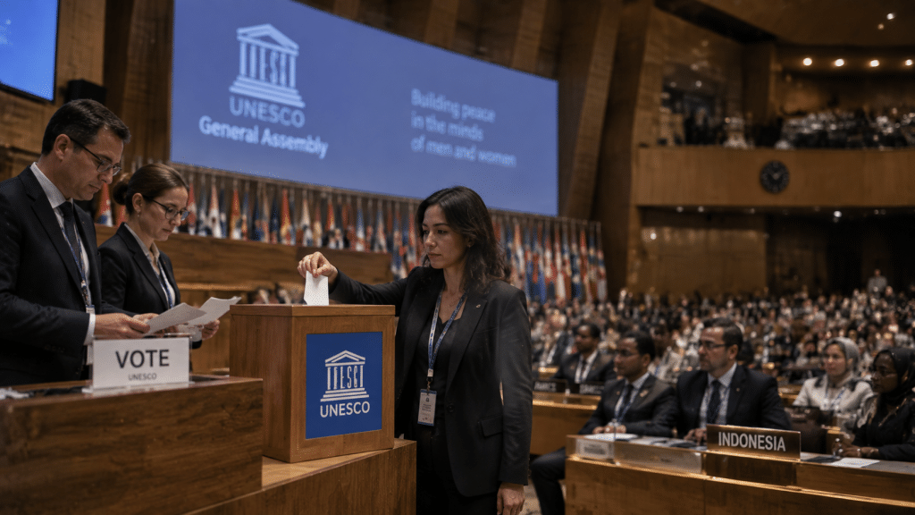 Proses penghitungan dan pemungutan suara formal diplomat negara anggota pada sidang UNESCO di Paris.