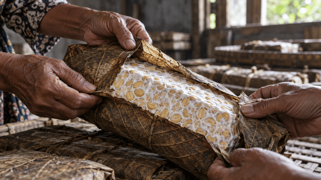 Komunitas perajin tempe lokal memperlihatkan jalinan hifa kapang putih pada tempe bungkus daun jati tradisional.