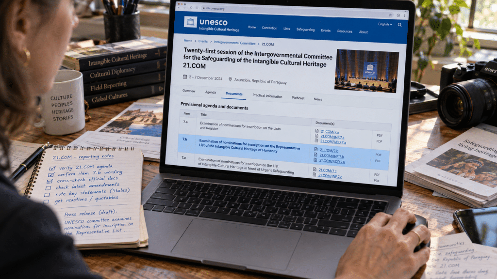 Jurnalis budaya memantau laman resmi sidang 21.COM di situs UNESCO untuk memverifikasi agenda penetapan nominasi.