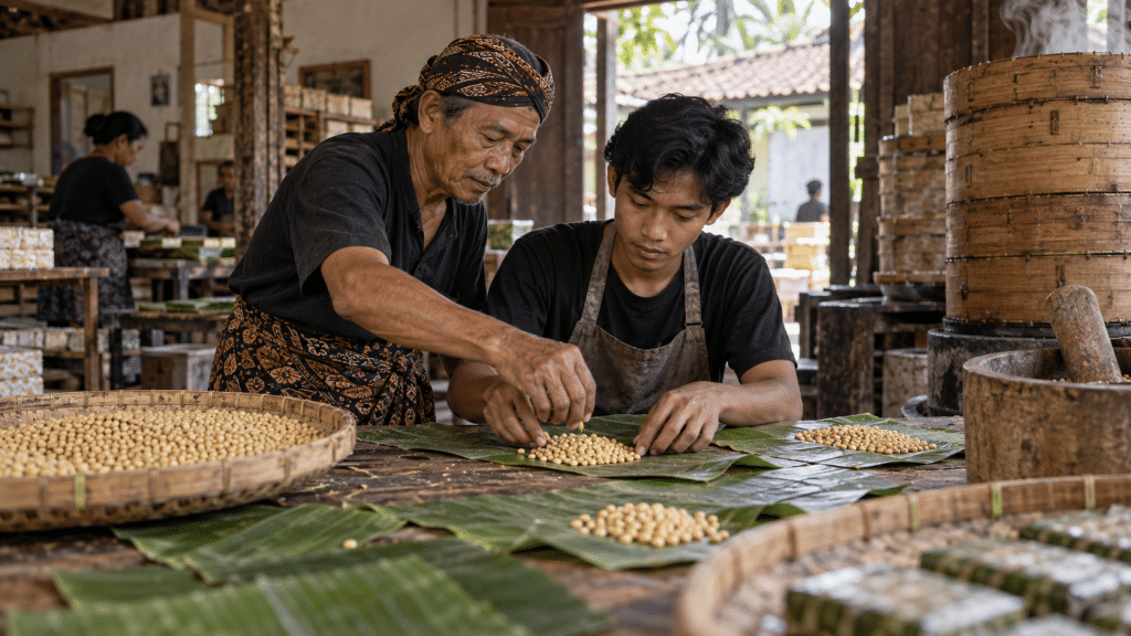 Pelatihan regenerasi perajin tempe tradisional yang melibatkan pemuda desa di rumah produksi komunitas lokal.