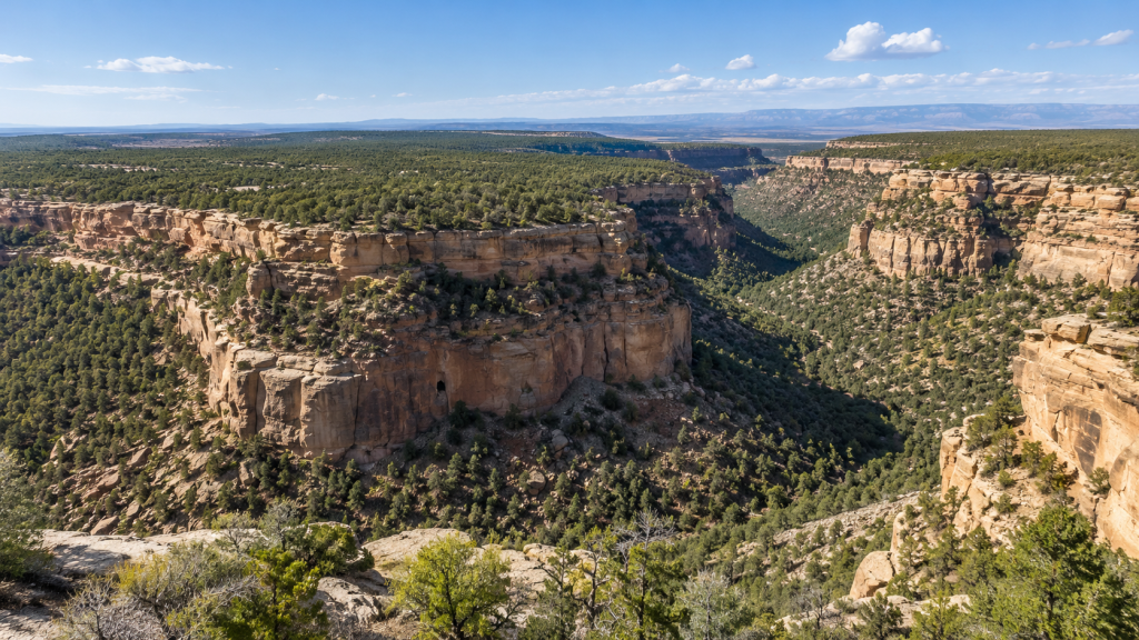 Pemandangan udara dataran tinggi Mesa Verde yang dipenuhi hutan hijau dan dibelah oleh ngarai-ngarai berbatu yang dalam.