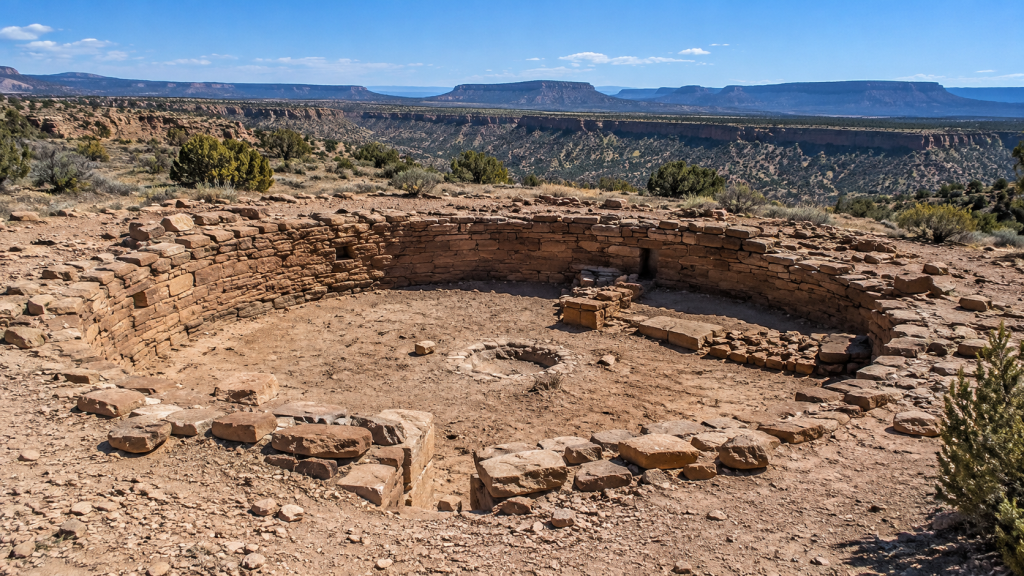 Sisa-sisa ekskavasi fondasi pit house semi-bawah tanah kuno peninggalan Ancestral Puebloan di atas dataran mesa.