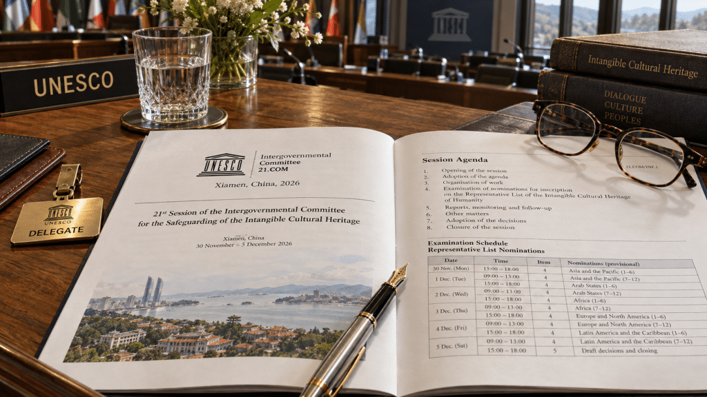 Dokumen agenda resmi sidang ke-21 Komite Warisan Budaya Takbenda UNESCO di atas meja konferensi diplomatik.