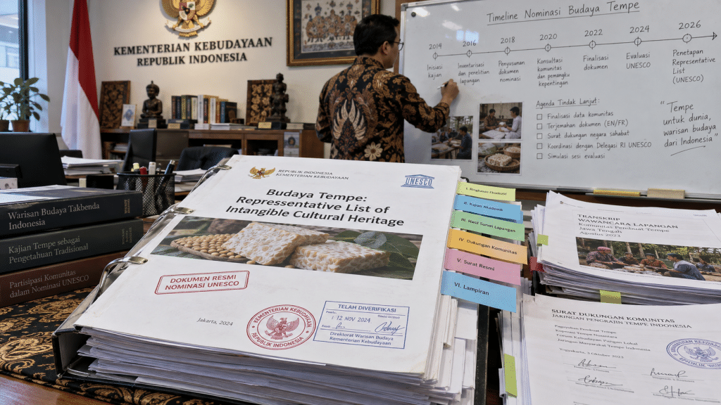 Berkas dossier nominasi resmi Warisan Budaya Takbenda Tempe tersusun dengan dokumen pendukung di meja kerja kementerian.