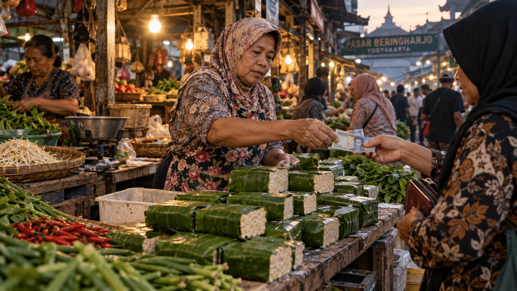 Pedagang tempe tradisional melayani pembeli di pasar rakyat yang menjadi urat nadi ekosistem UMKM tempe nasional.