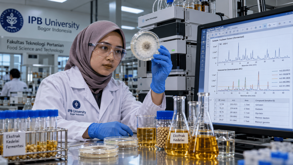 Peneliti biokimia pangan mengamati sampel fermentasi tempe di bawah mikroskop optik dan kromatografi laboratorium.