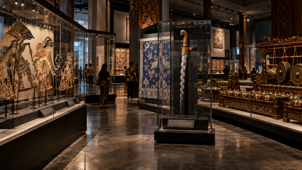 Koleksi artefak warisan budaya takbenda Indonesia seperti wayang kulit, keris, dan kain batik tertata di galeri museum nasional.